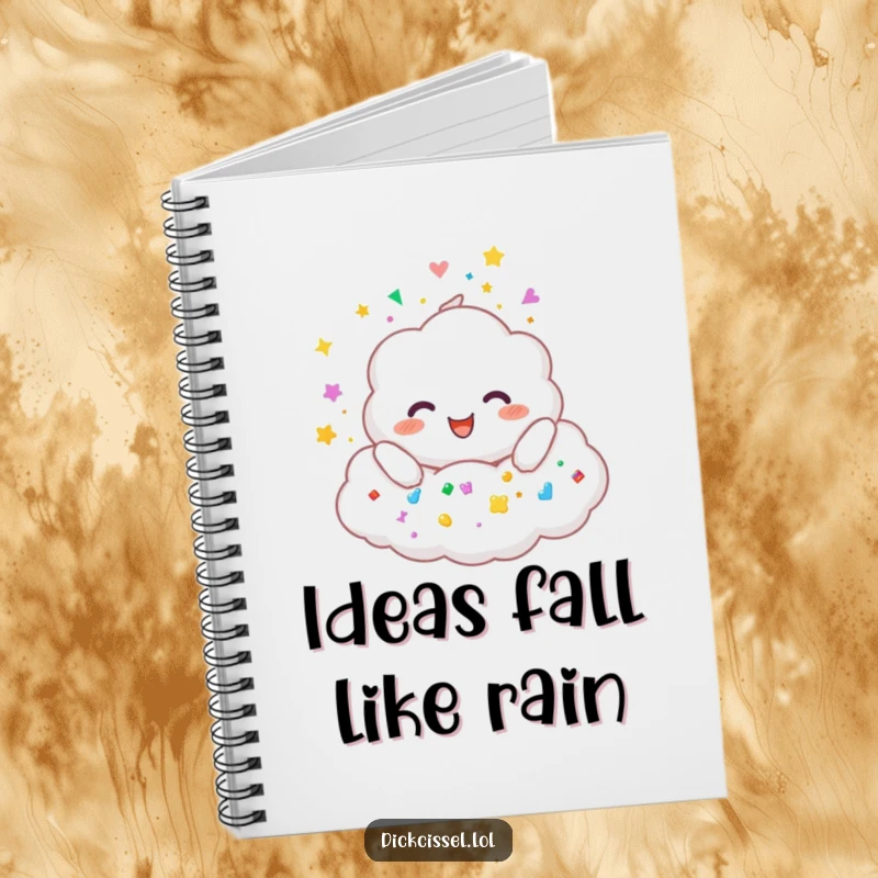 Funny notebook cover featuring a smiling cloud character joyfully raining down a colorful assortment of stickers.