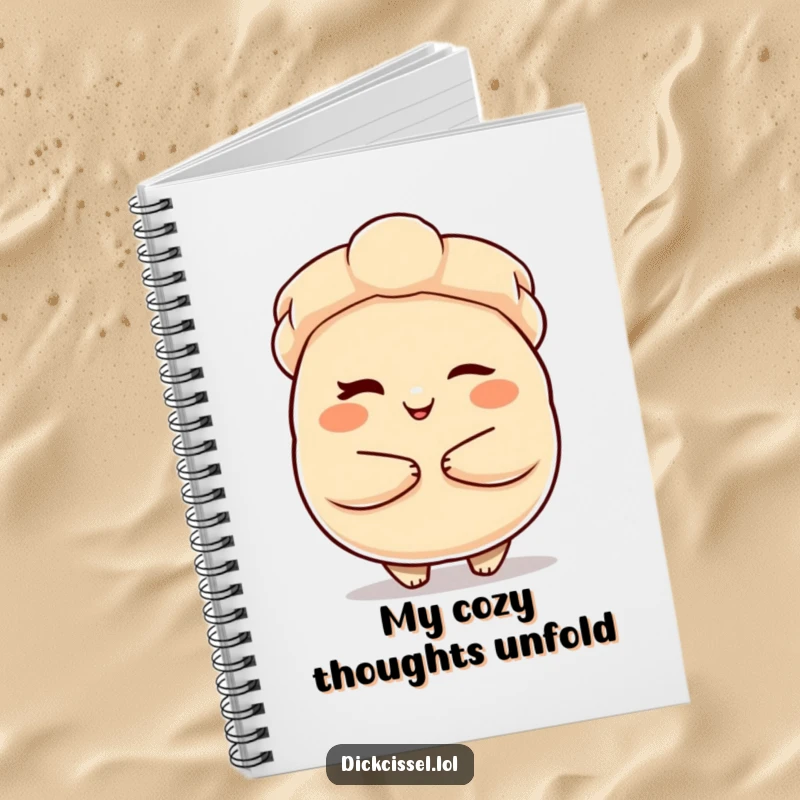Funny Notebook featuring a winking dumpling character offering a warm embrace, ideal for jotting down notes with a cute, humorous touch.
