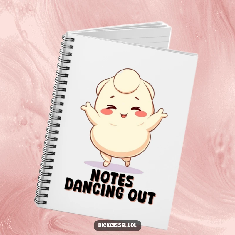Funny notebook featuring a winking dumpling character doing a delightful jig, perfect for journaling and happy notes, a fun funny gift.