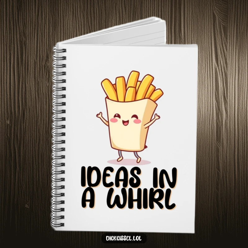 Funny notebook featuring a cheerful french fry character doing a grand twirl, perfect for journaling and creative notes, a fun funny gift.