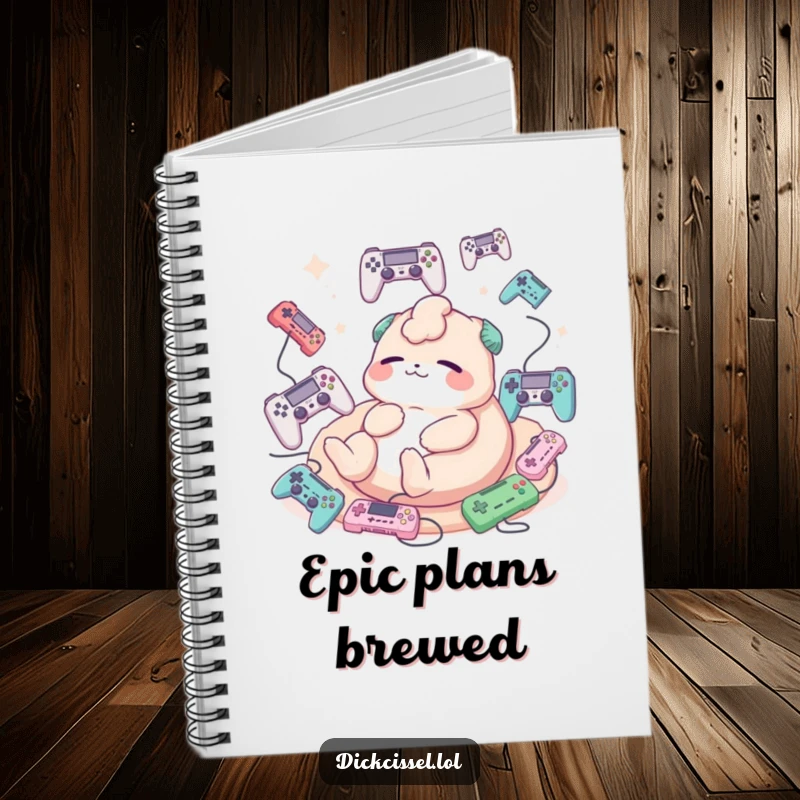 Funny notebook cover featuring a creature happily lounging, surrounded by floating game controllers.