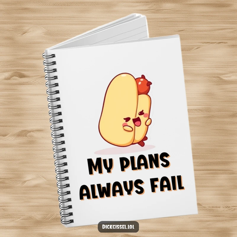 Funny hot dog character tripping over its bun on a notebook cover, inspiring funny notes.