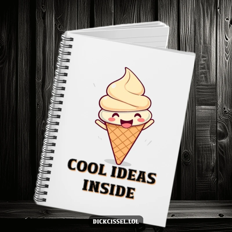 Funny notebook featuring a gleeful ice cream cone doing a happy spin, perfect for jotting down ideas with joy.