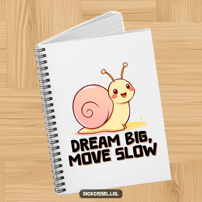 Funny notebook featuring a cheerful snail character with a glistening sparkly trail, ideal for journaling and creative writing.