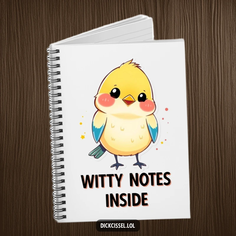 Funny notebook cover featuring a colorful dickcissel bird shape with a bright splash of color and a mischievous wink.