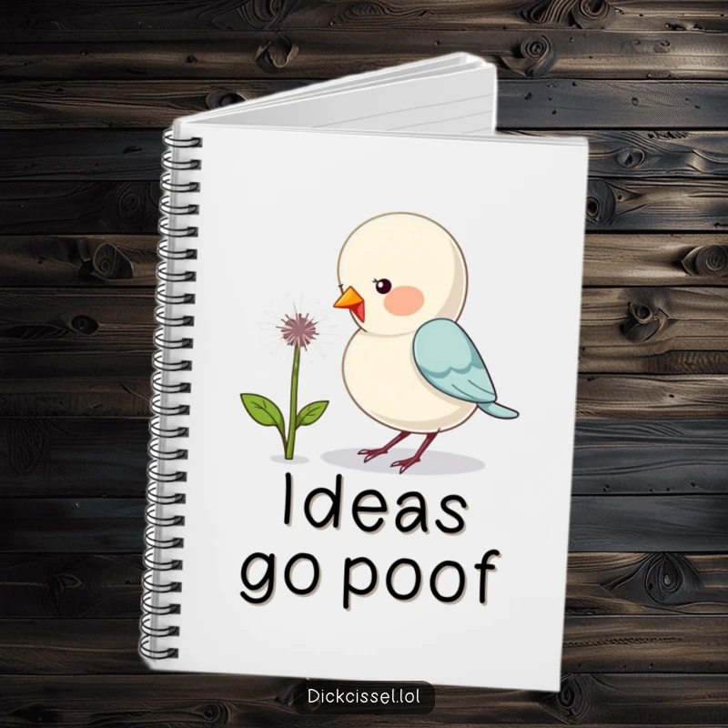 Funny notebook with a cute bird humorously pecking a dandelion puff, perfect for capturing thoughts and doodles.