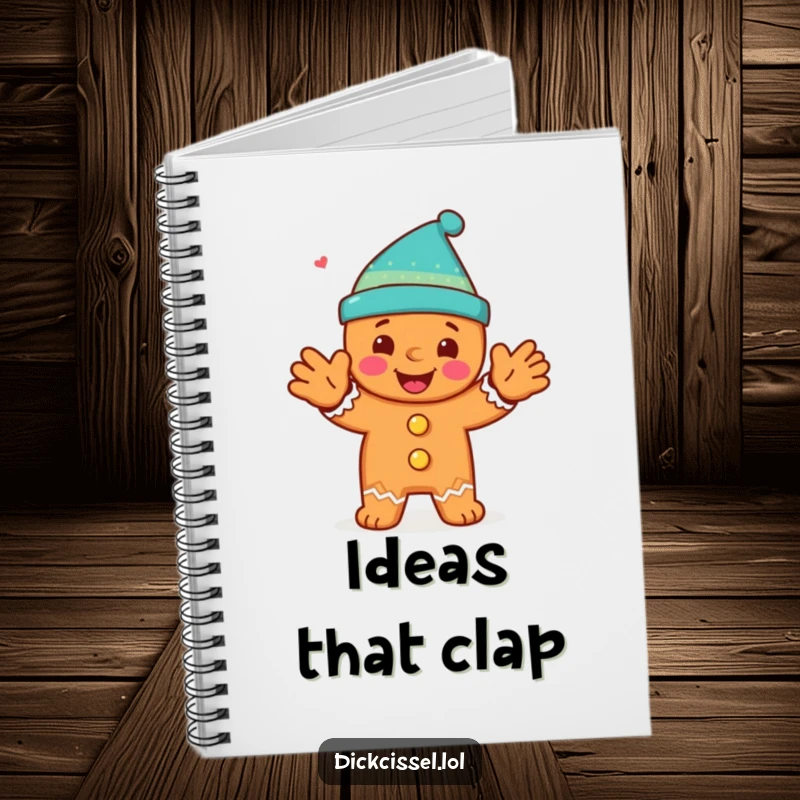 Funny notebook featuring a happy gingerbread man character clapping spiritedly, perfect for festive journaling.