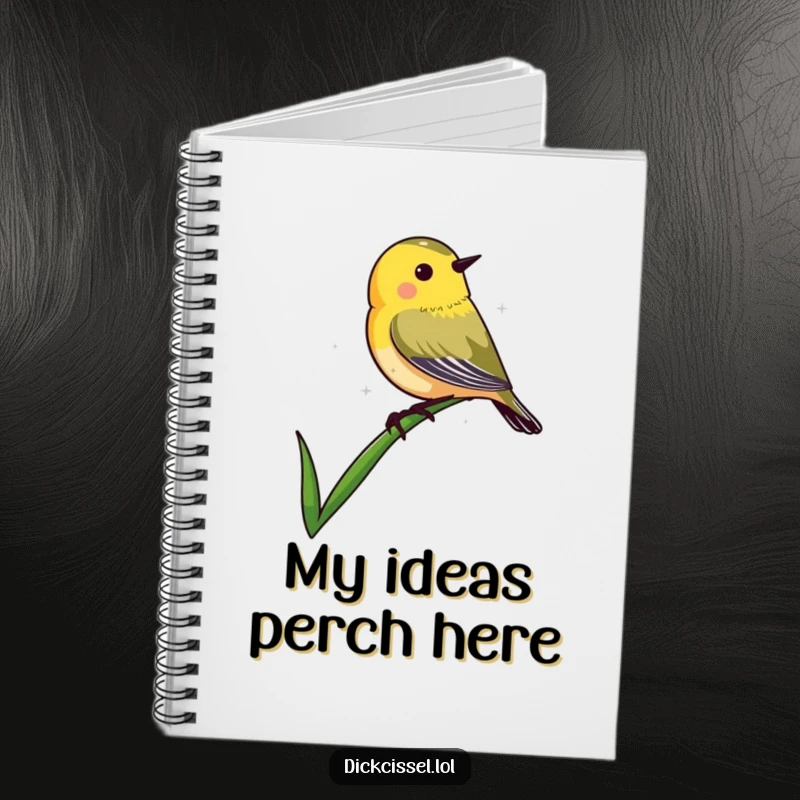 Funny notebook cover depicting a dickcissel bird shape perched elegantly on the pointed tip of a blade of grass.