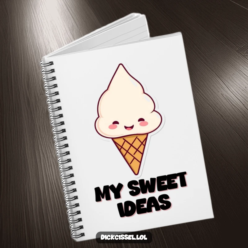 Funny ice cream cone notebook, smiling and offering a cone, for jotting down sweet ideas.