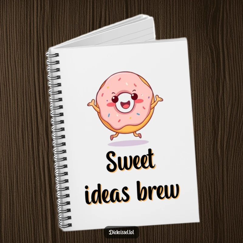 Funny notebook featuring a cheerful doughnut character doing a happy jig, perfect for jotting down ideas with joy.