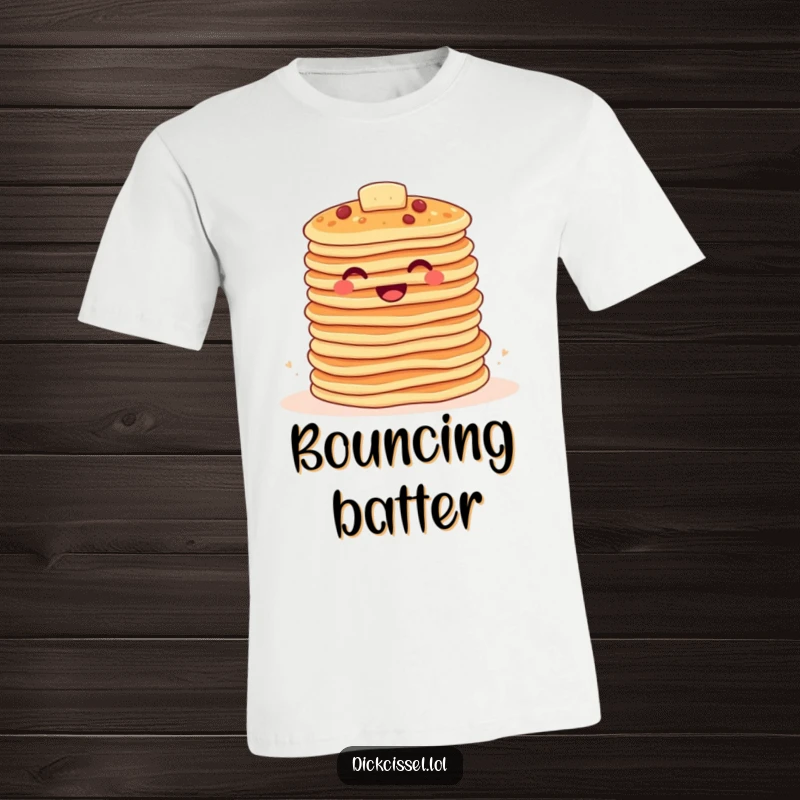 Funny pancake t-shirt depicting a stack of happy pancakes joyfully bouncing together, celebrating breakfast and fun.