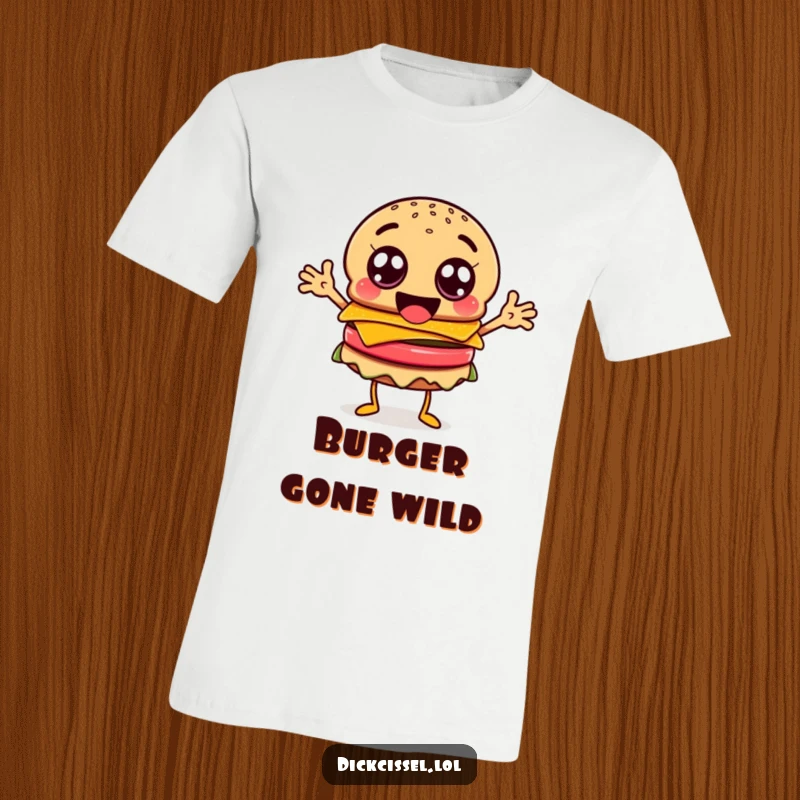 Funny happy burger character t-shirt, with googly eyes and flailing arms, ideal for fun.