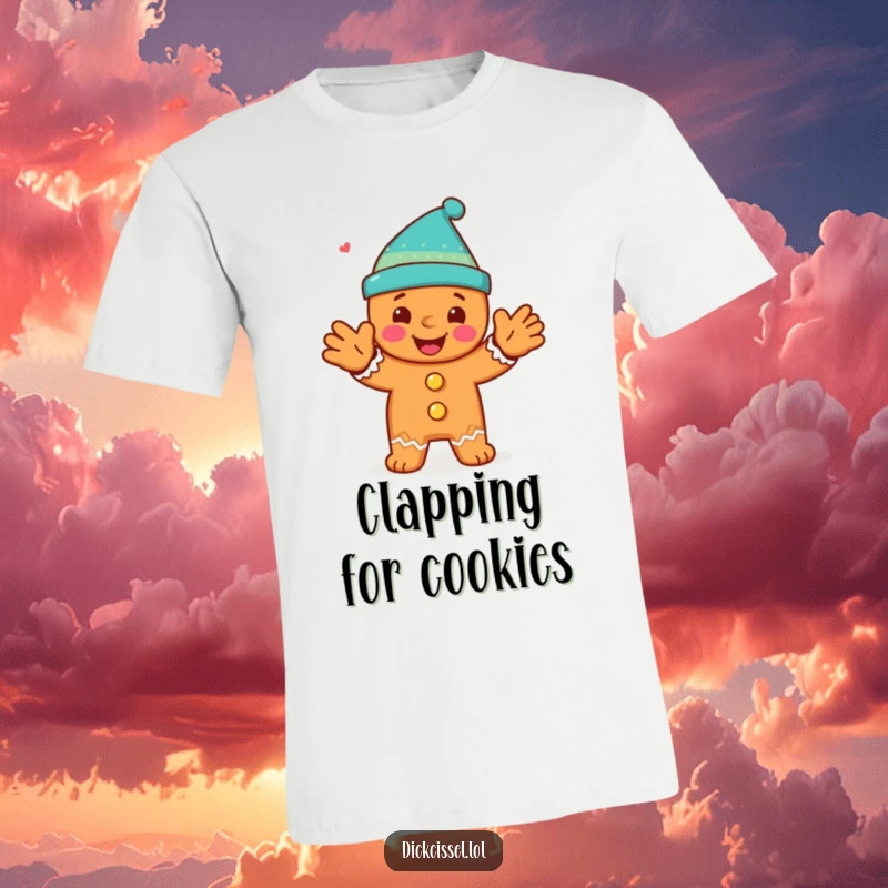 Funny t-shirt showing a happy gingerbread man character performing a spirited clap, radiating festive excitement.