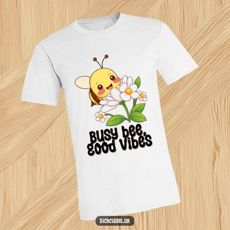 Funny t-shirt with a cheerful bee character in mid-flight, joyfully circling a colorful flower in full bloom.