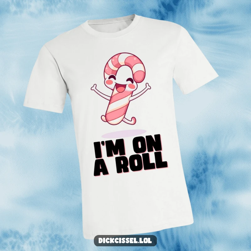 Funny candy cane t-shirt featuring a smiling candy cane in a celebratory jump, perfect for spreading Christmas cheer and festive vibes.