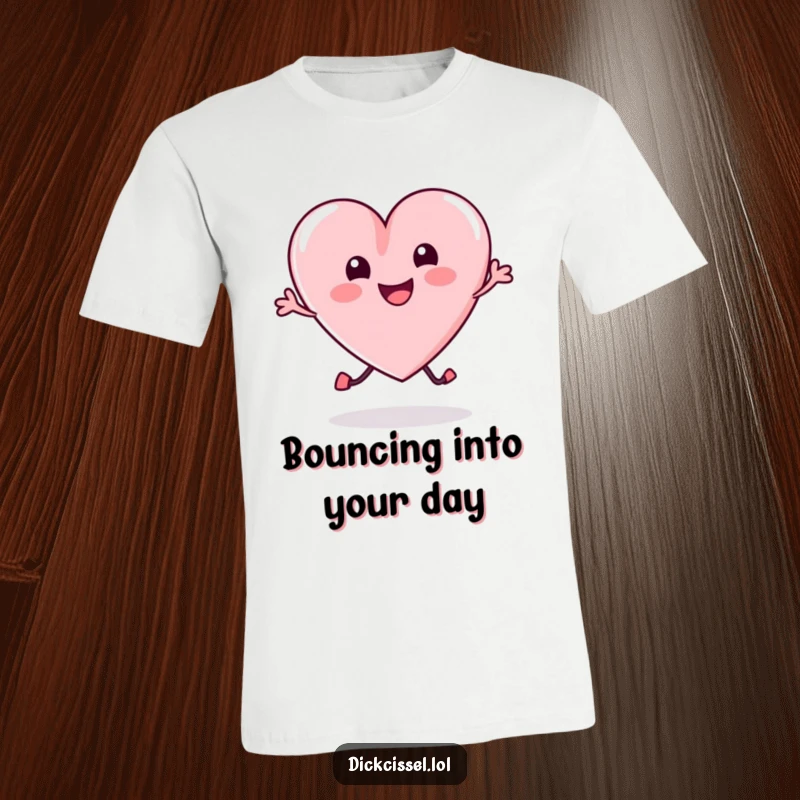 Funny T-Shirt with a cheerful candy heart performing a bouncy, energetic leap, symbolizing happiness and playful delight.