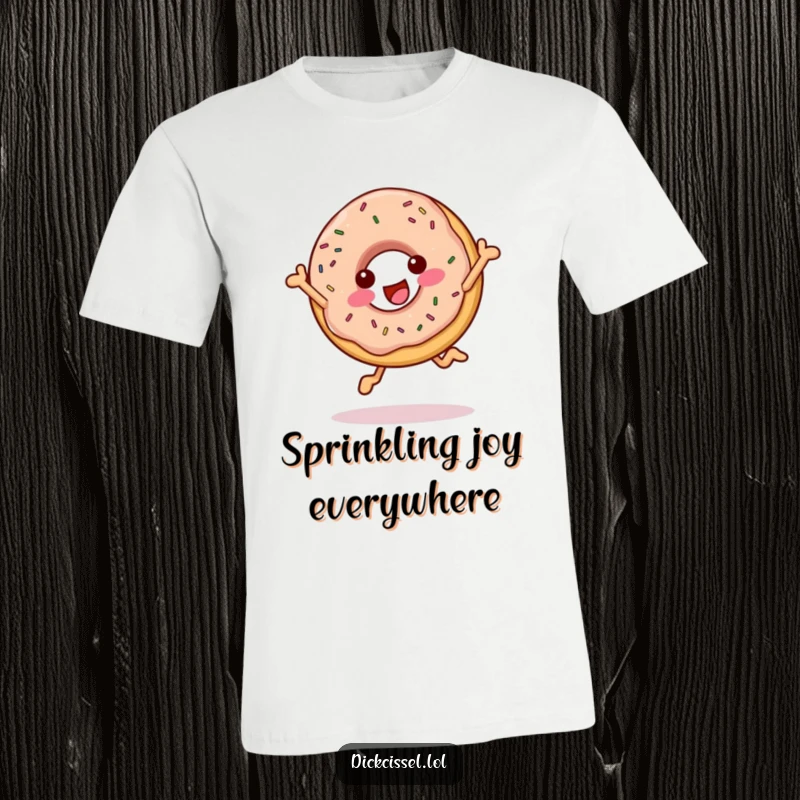Funny cheerful donut t-shirt depicting a happy donut mid-leap, covered in delightful sprinkles, full of playful energy.