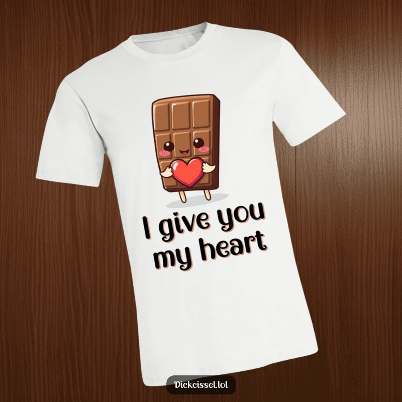Funny T-Shirt design of a happy chocolate bar extending a heart, representing love, generosity, and sweet appreciation.
