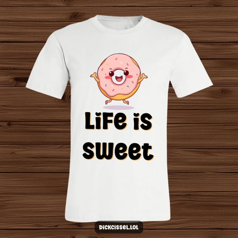 Funny t-shirt with a cheerful doughnut character doing a happy jig, perfect for expressing energetic joy.