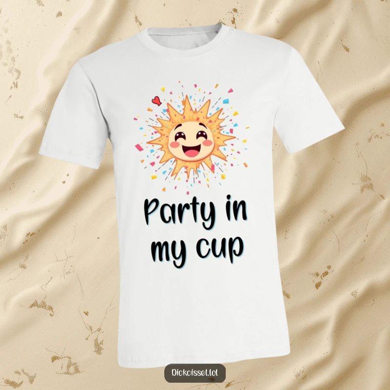 Funny t-shirt graphic featuring a sticker of a dynamic explosion with colorful confetti and party streamers bursting out.