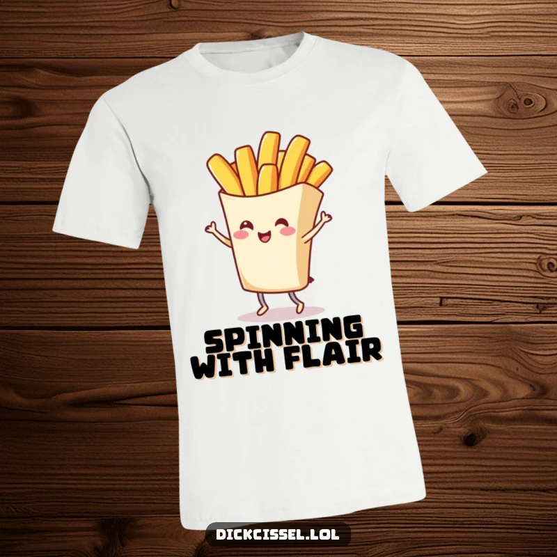Funny t-shirt featuring a cheerful french fry character performing a delightful twirl, showcasing a fun and whimsical personality, an awesome funny gift.
