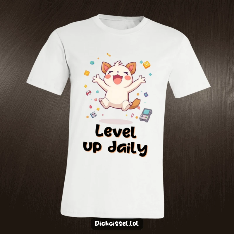 Funny creature jumping joyfully amidst tiny game icons, on a t-shirt, embodying the thrill and excitement of winning.