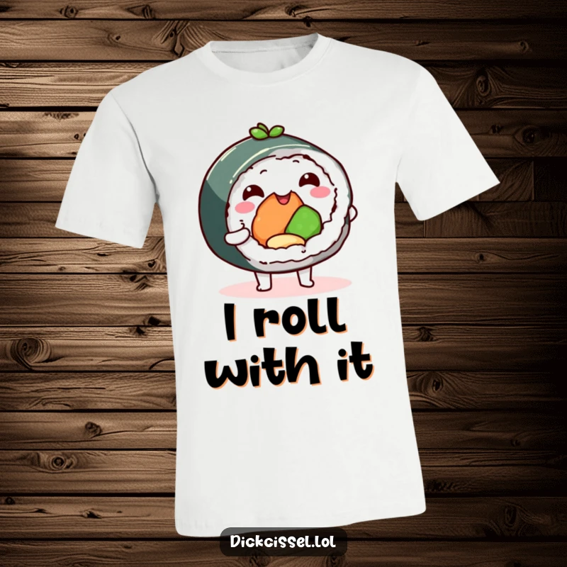 Funny happy sushi roll t-shirt, character offering a tasty bite, expressing pure joy and deliciousness. A fun apparel choice for food lovers.