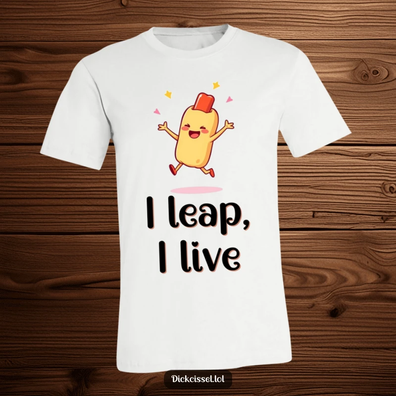 Funny t-shirt featuring a smiling hot dog character mid-leap in a joyful celebration, perfect for parties and fun occasions, an awesome funny gift.