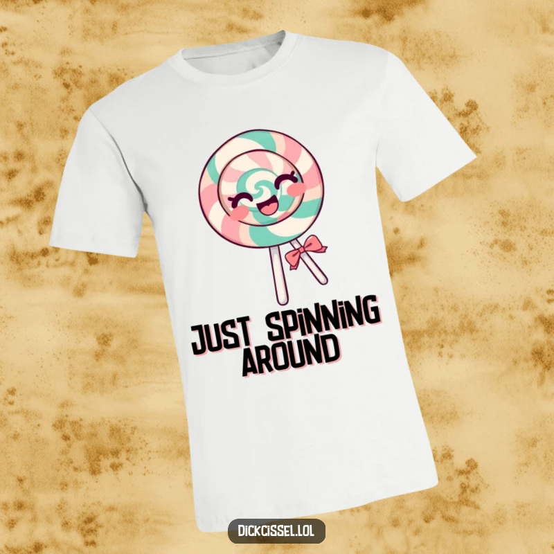 Funny lollipop t-shirt featuring a cheerful lollipop character in a dynamic spin, radiating pure glee and happiness to the wearer.
