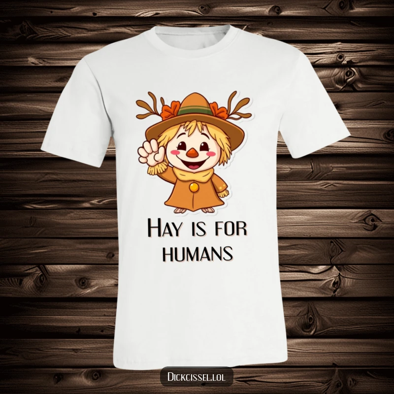 Funny t-shirt featuring a smiling scarecrow character enthusiastically waving its hand in a welcoming gesture.