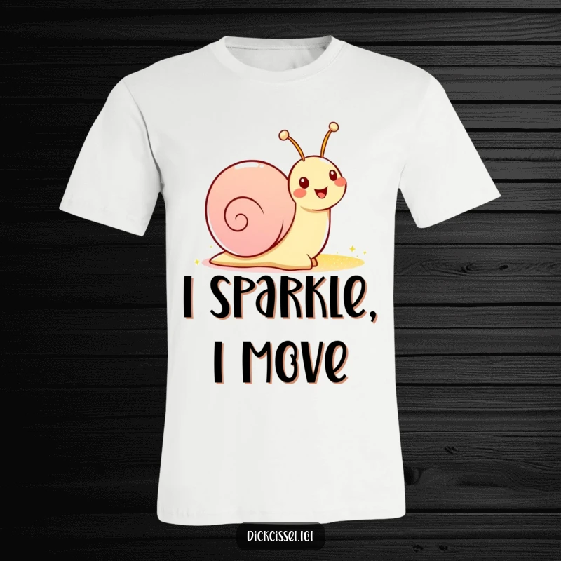 Funny t-shirt showcasing a joyful snail character with a big grin, its shimmering sparkly trail flowing behind it.