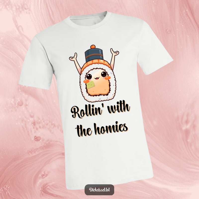 Funny sushi celebration t-shirt showing a happy sushi roll arms raised in a party pose, wearing a small festive hat.