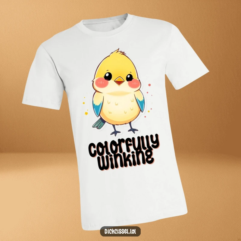 Funny T-shirt displaying a brightly colored dickcissel bird shape, artfully splashed with color and delivering a charming wink.