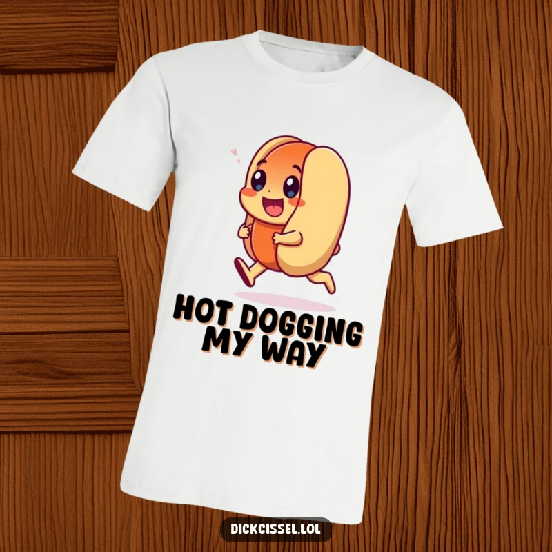 Funny T-Shirt showcasing a smiling hot dog character in a happy trot, radiating pure, unadulterated joy and movement.