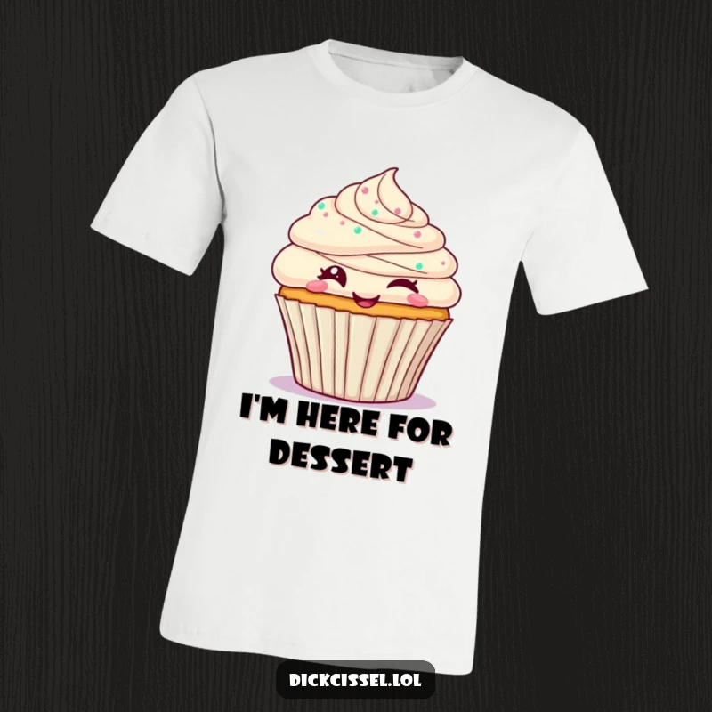 Funny cupcake t-shirt featuring a frosted cupcake character giving a cheerful wink, perfect for expressing a sweet and playful personality.