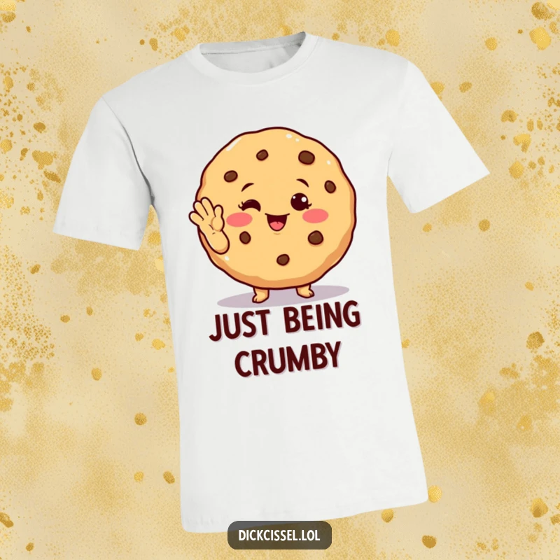 Funny winking cookie t-shirt depicting a cheerful cookie character winking mischievously and waving hello, full of personality.