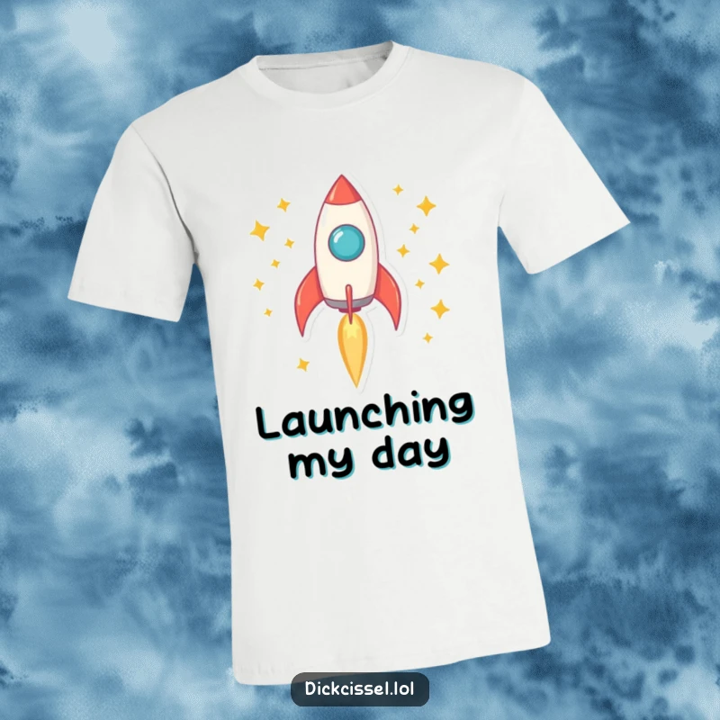 Funny rocket t-shirt depicting a rocket blasting off with a dazzling trail of stars, full of energy.