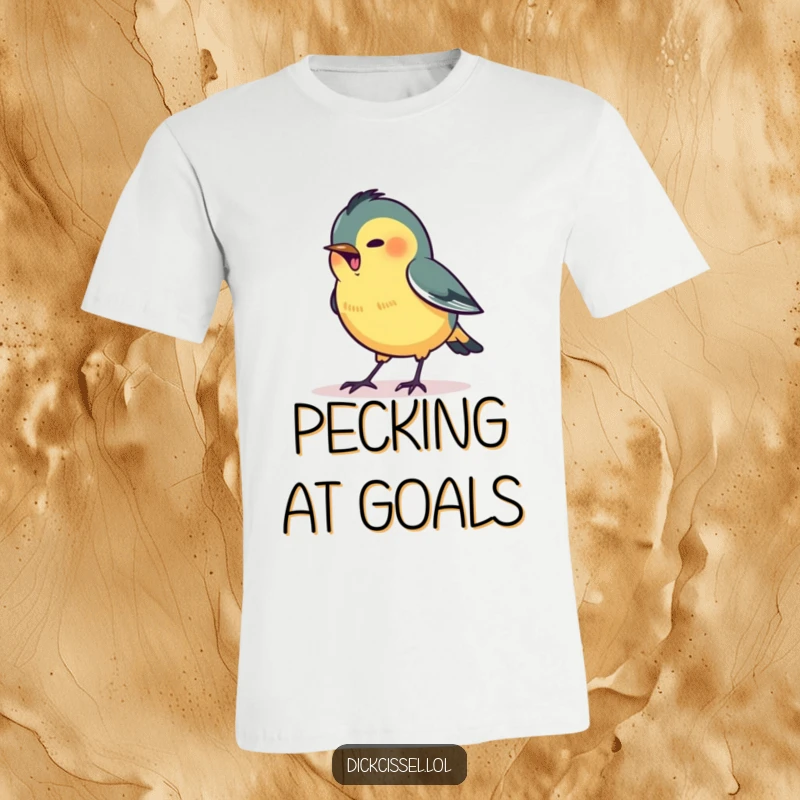 Funny T-shirt showing a stylized dickcissel bird in the act of excitedly pecking at a small, luminous dot.