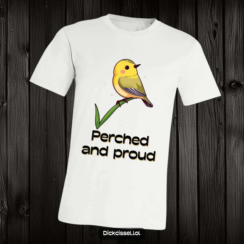 Funny T-shirt showcasing a dickcissel bird silhouette delicately perched on the sharp tip of a single blade of grass.