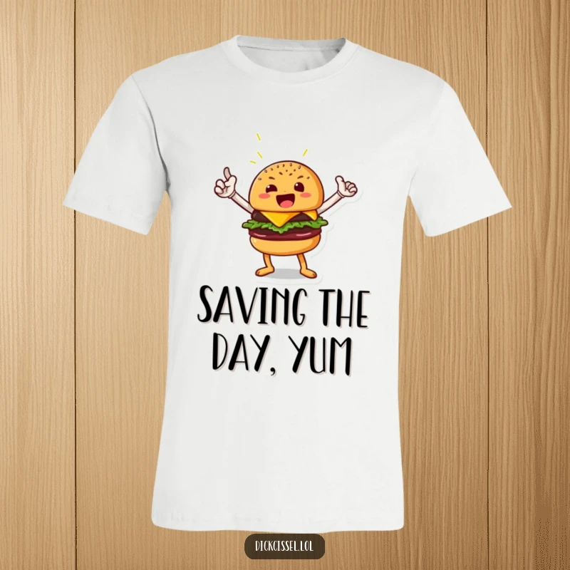 Funny t-shirt featuring a beaming burger character in a heroic pose, celebrating deliciousness and courage, an awesome funny gift.