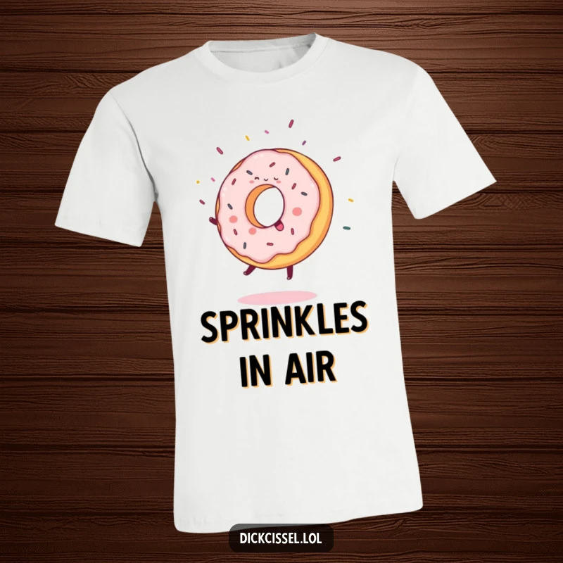 Funny T-Shirt featuring a sweet donut joyfully doing a cartwheel, surrounded by a shower of flying sprinkles.
