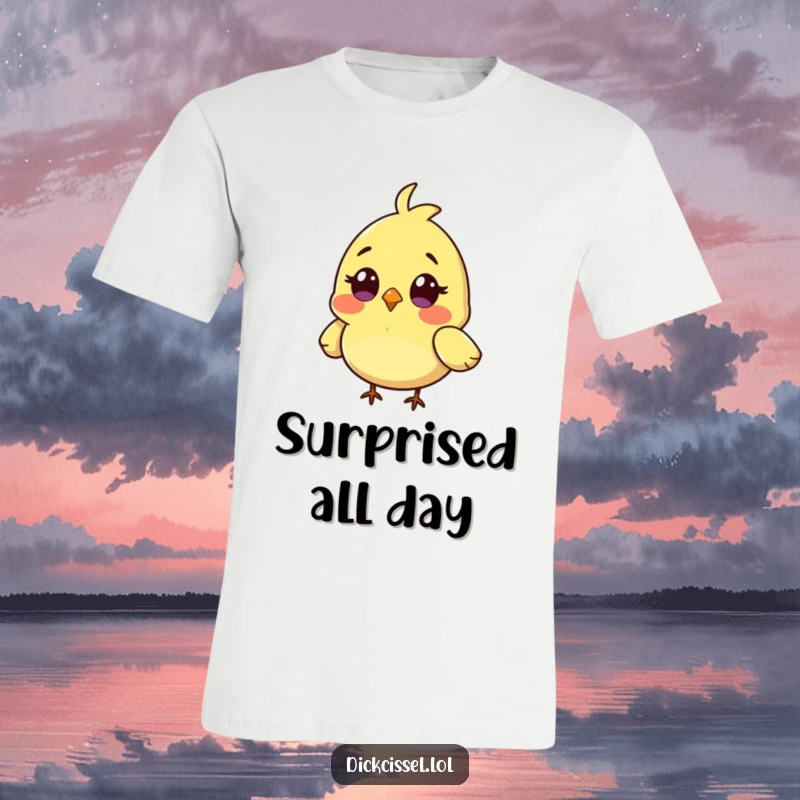 Funny T-shirt with a print of a small bird character looking utterly surprised, its tiny wings comically angled.