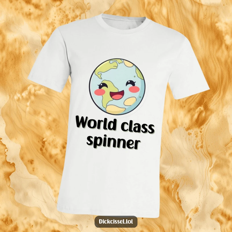 Funny happy planet t-shirt featuring a cheerful planet doing a playful spin, radiating cosmic happiness.