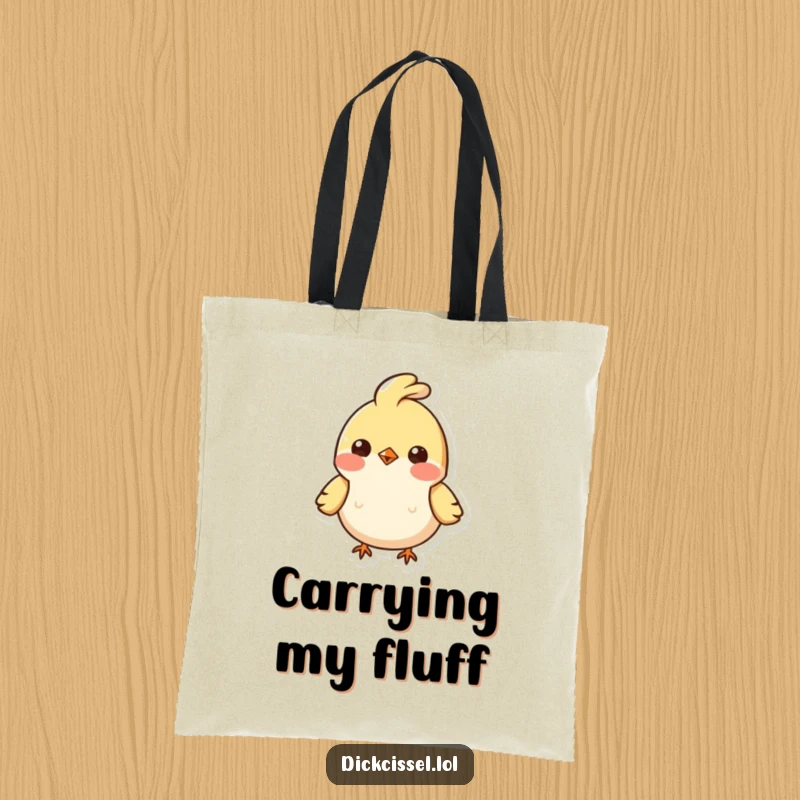 Funny tote bag featuring a small, happy bird character with a bouncy feather tuft, ready for an adventure.