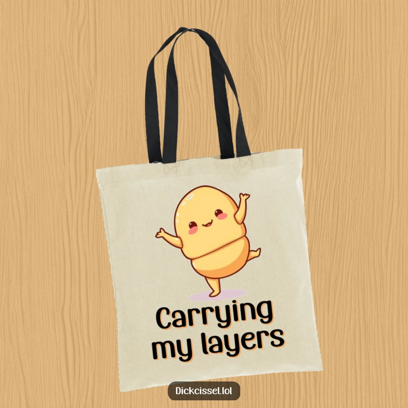 Funny croissant pirouette tote bag showing a playful croissant performing a jaunty pirouette, perfect for stylish and whimsical carrying.