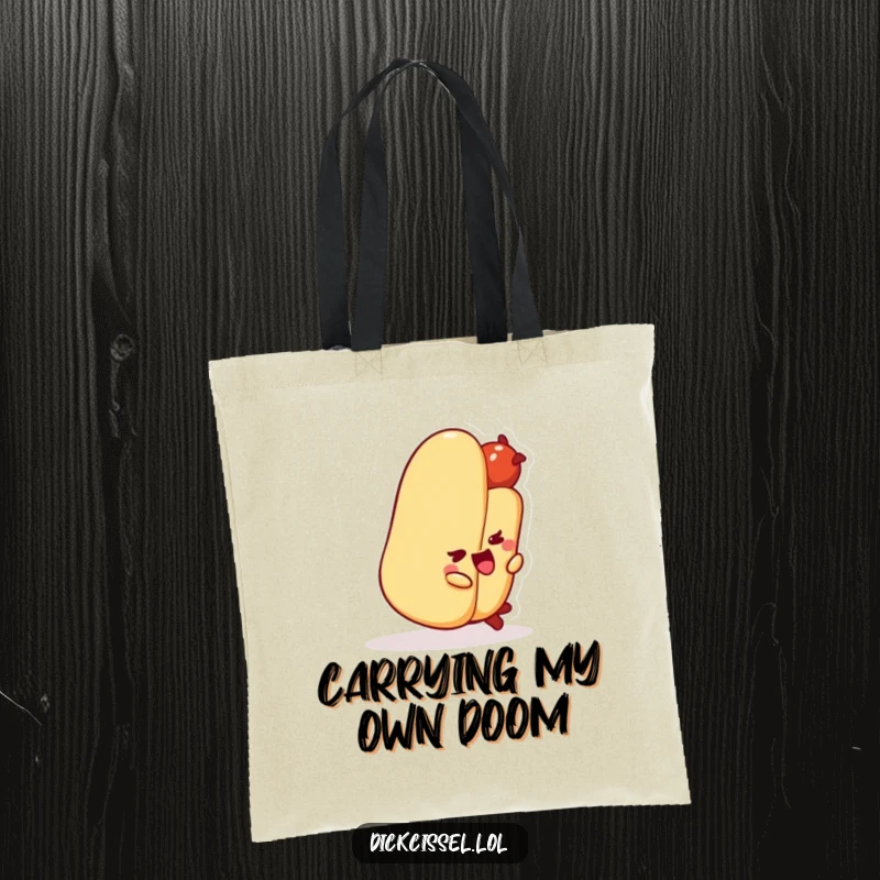 Funny hot dog character comically tripping over its bun on a durable tote bag, perfect for humor lovers.