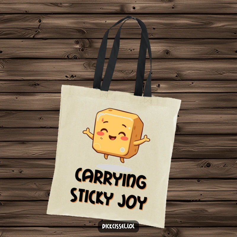 Funny Tote Bag showcasing a smiling caramel cube doing a wobbly dance, ideal for carrying essentials with joy and flair.