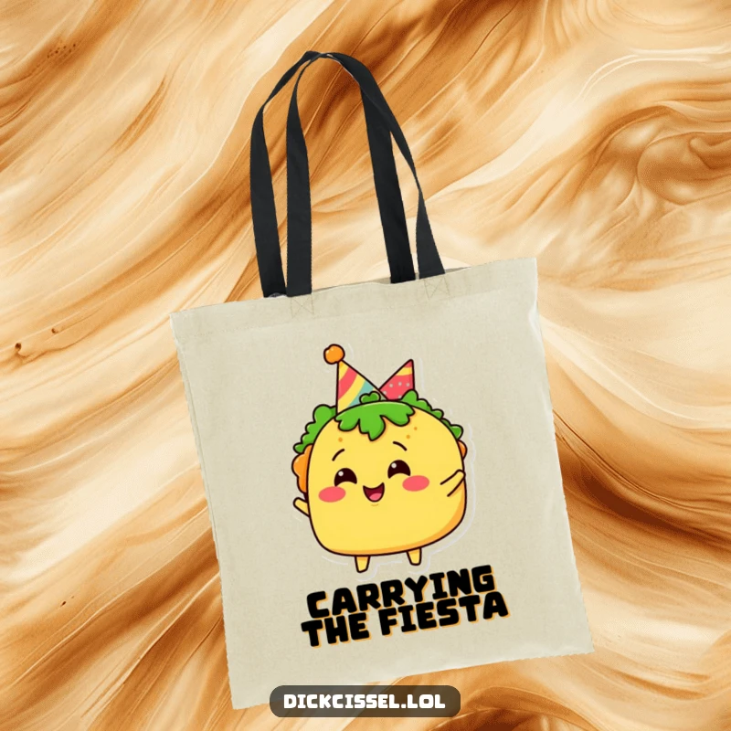 Funny taco character tote bag wearing a party hat, celebrating joyfully, perfect for carrying party essentials.