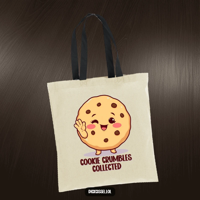 Funny winking cookie tote bag showing a cheerful cookie character winking and waving, perfect for stylish and friendly carrying.