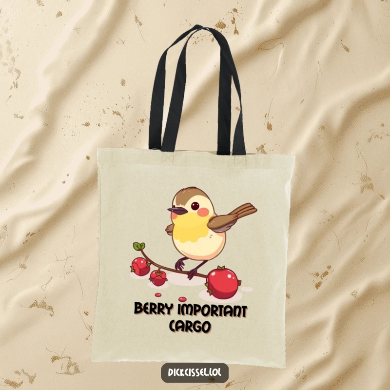 Funny Dickcissel Bird Tote Bag: An energetic dickcissel bird pecking at a berry, ready to carry your essentials.